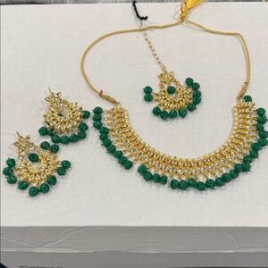 Gold-Plated Green Beaded Bridal Necklace Set - Women Jewelry